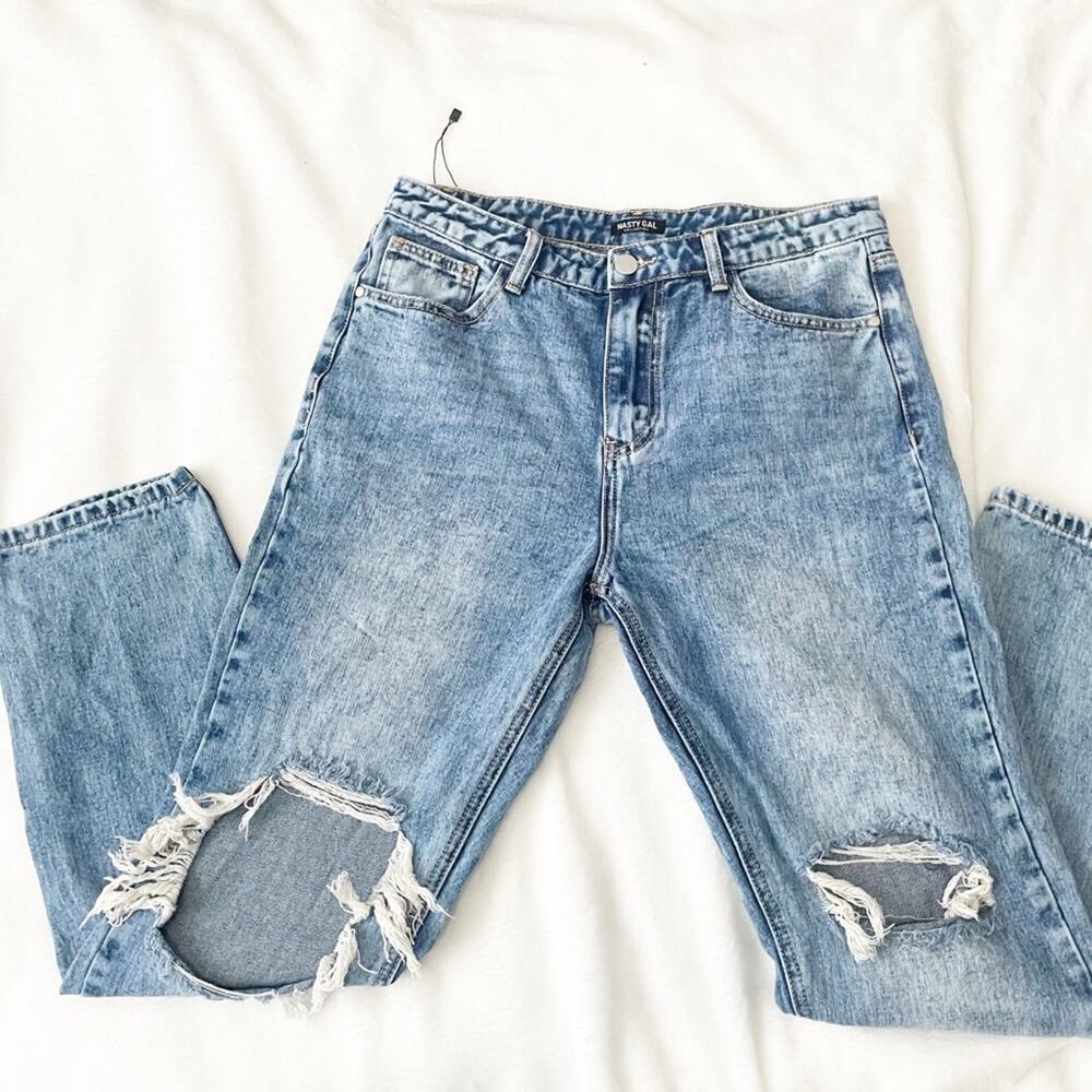 Nasty Gal redial ripped straight leg jeans high rise size 8 recycled crop denim - Picture 6 of 9